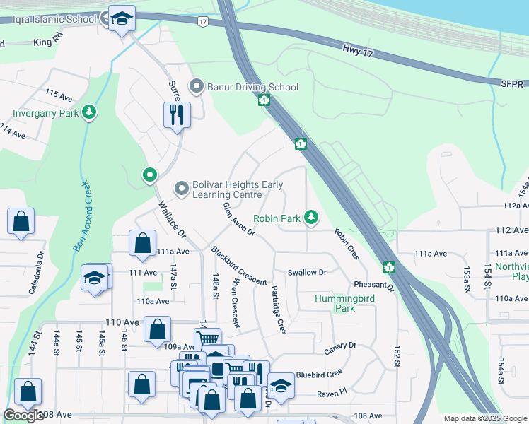 map of restaurants, bars, coffee shops, grocery stores, and more near 11250 Lansdowne Drive in Surrey