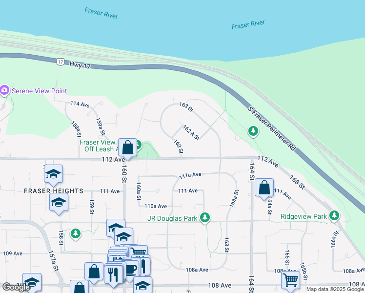 map of restaurants, bars, coffee shops, grocery stores, and more near 16228 113 Avenue in Surrey