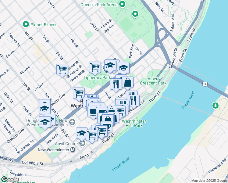 map of restaurants, bars, coffee shops, grocery stores, and more near in New Westminster