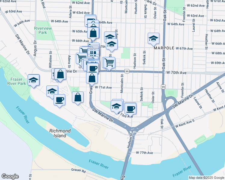 map of restaurants, bars, coffee shops, grocery stores, and more near in Vancouver