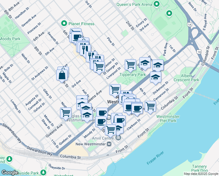 map of restaurants, bars, coffee shops, grocery stores, and more near 188 Sixth Street in New Westminster