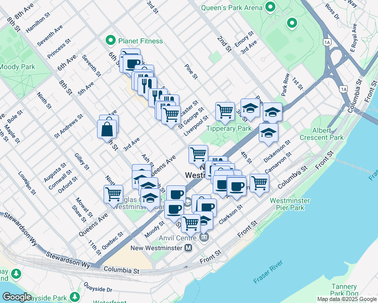 map of restaurants, bars, coffee shops, grocery stores, and more near 529 Queens Avenue in New Westminster