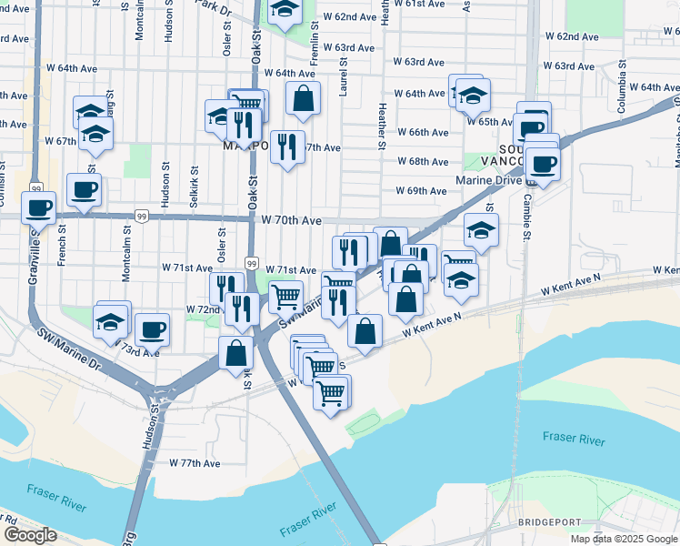 map of restaurants, bars, coffee shops, grocery stores, and more near 8770 Laurel Street in Vancouver