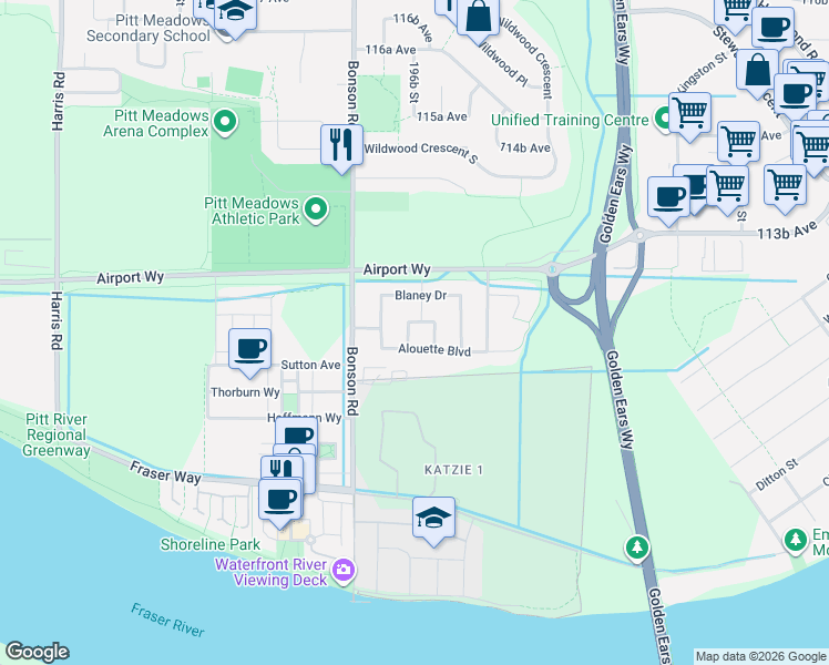 map of restaurants, bars, coffee shops, grocery stores, and more near 11228 Tully Crescent in Pitt Meadows