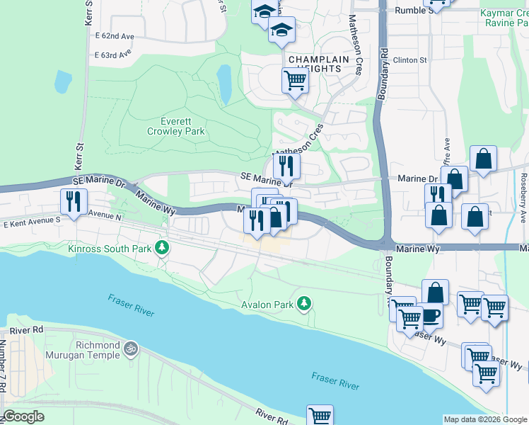 map of restaurants, bars, coffee shops, grocery stores, and more near Marine Way in Vancouver
