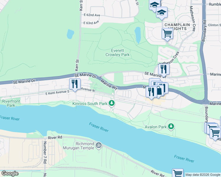 map of restaurants, bars, coffee shops, grocery stores, and more near 3281 East Kent Avenue North in Vancouver