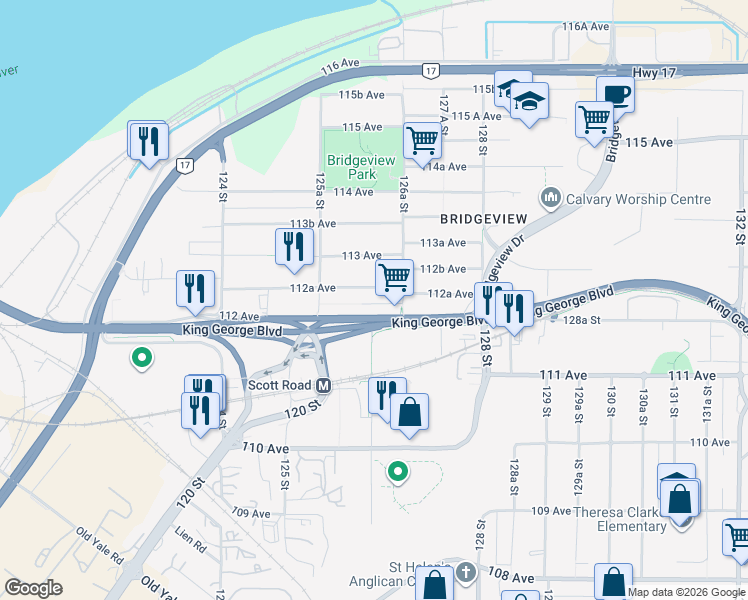 map of restaurants, bars, coffee shops, grocery stores, and more near 12662 112A Avenue in Surrey