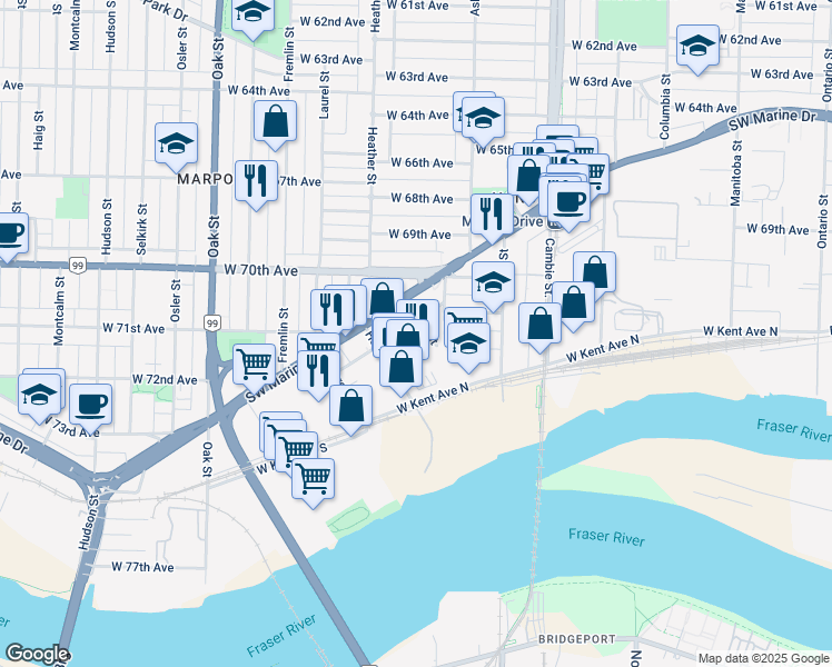 map of restaurants, bars, coffee shops, grocery stores, and more near 780 Southwest Marine Drive in Vancouver