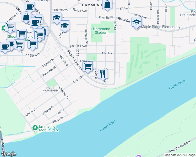 map of restaurants, bars, coffee shops, grocery stores, and more near 20616 113 Avenue in Maple Ridge