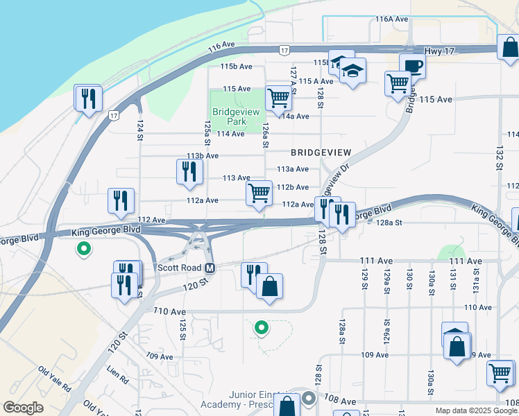 map of restaurants, bars, coffee shops, grocery stores, and more near 12662 112A Avenue in Surrey