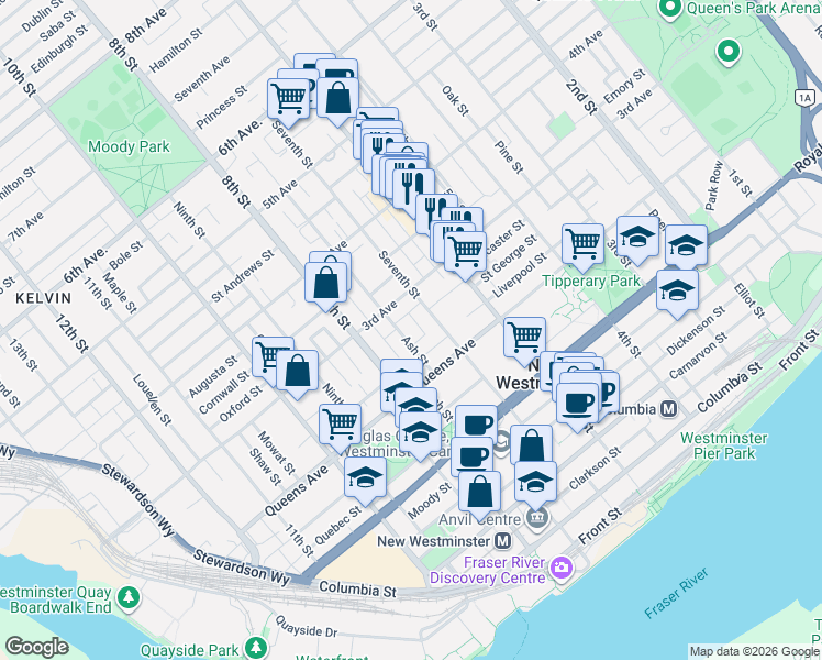 map of restaurants, bars, coffee shops, grocery stores, and more near 221 Ash Street in New Westminster