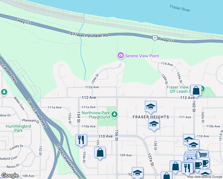 map of restaurants, bars, coffee shops, grocery stores, and more near 15578 112A Avenue in Surrey