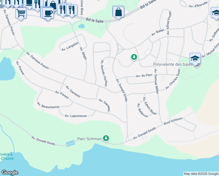map of restaurants, bars, coffee shops, grocery stores, and more near 15 Avenue Damase Potvin in Baie-Comeau