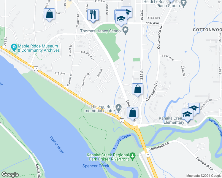 map of restaurants, bars, coffee shops, grocery stores, and more near 11280 Pazarena Place in Maple Ridge