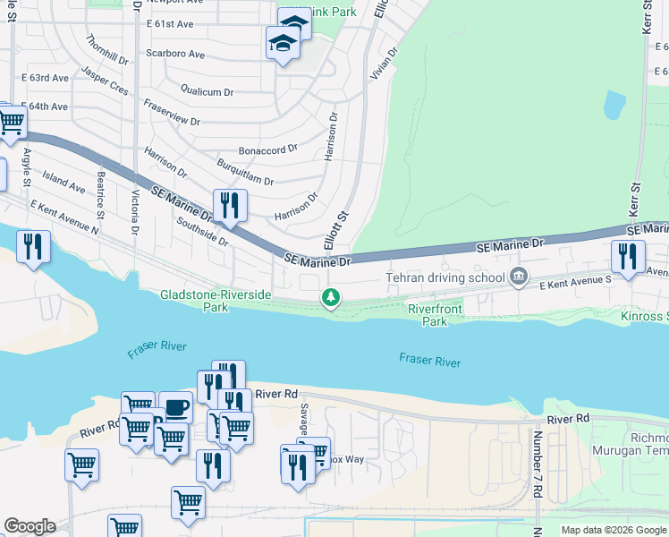 map of restaurants, bars, coffee shops, grocery stores, and more near in Vancouver