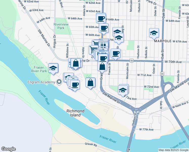 map of restaurants, bars, coffee shops, grocery stores, and more near 1534 West 71st Avenue in Vancouver