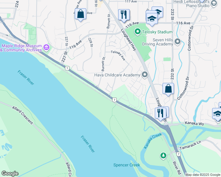map of restaurants, bars, coffee shops, grocery stores, and more near 11255 Harrison Street in Maple Ridge