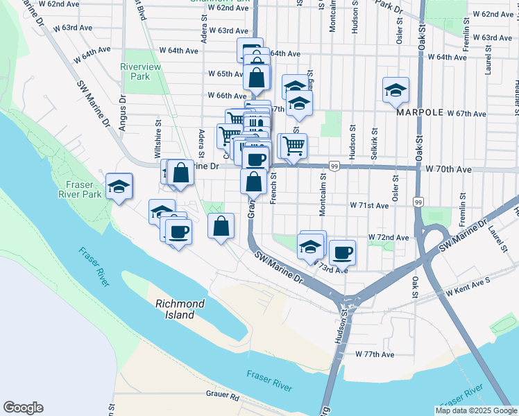 map of restaurants, bars, coffee shops, grocery stores, and more near 1480 West 71st Avenue in Vancouver