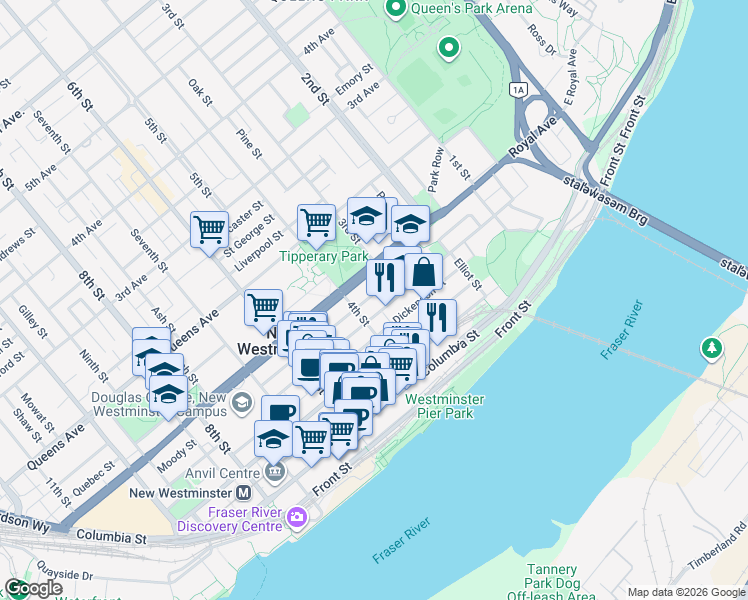 map of restaurants, bars, coffee shops, grocery stores, and more near 325 Agnes Street in New Westminster
