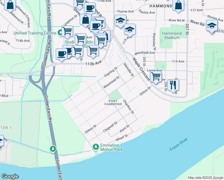 map of restaurants, bars, coffee shops, grocery stores, and more near 20283 Wanstead Street in Maple Ridge