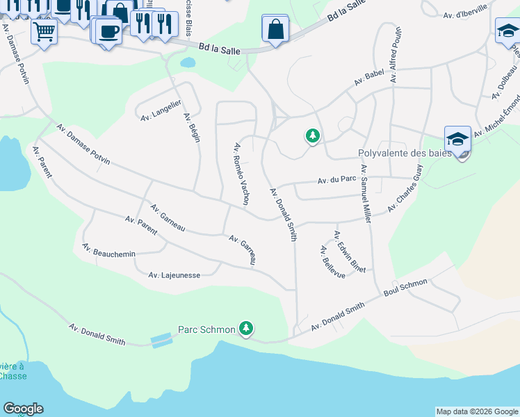 map of restaurants, bars, coffee shops, grocery stores, and more near 13 Avenue Damase Potvin in Baie-Comeau