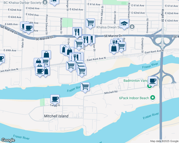 map of restaurants, bars, coffee shops, grocery stores, and more near in Vancouver
