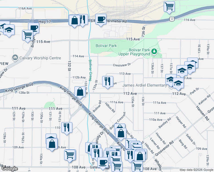 map of restaurants, bars, coffee shops, grocery stores, and more near 13390 112A Avenue in Surrey