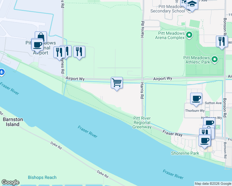 map of restaurants, bars, coffee shops, grocery stores, and more near 19100 Airport Way in Pitt Meadows