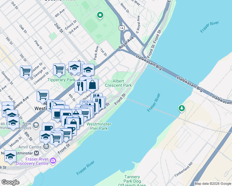 map of restaurants, bars, coffee shops, grocery stores, and more near 125 Columbia Street in New Westminster