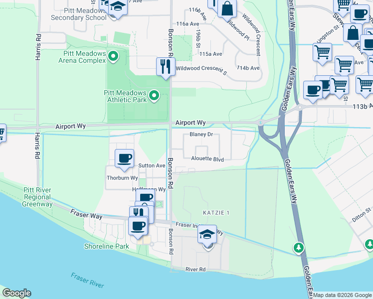 map of restaurants, bars, coffee shops, grocery stores, and more near 11240 Blaney Way in Pitt Meadows