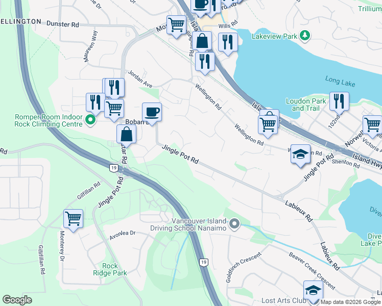 map of restaurants, bars, coffee shops, grocery stores, and more near 4155 Jingle Pot Road in Nanaimo
