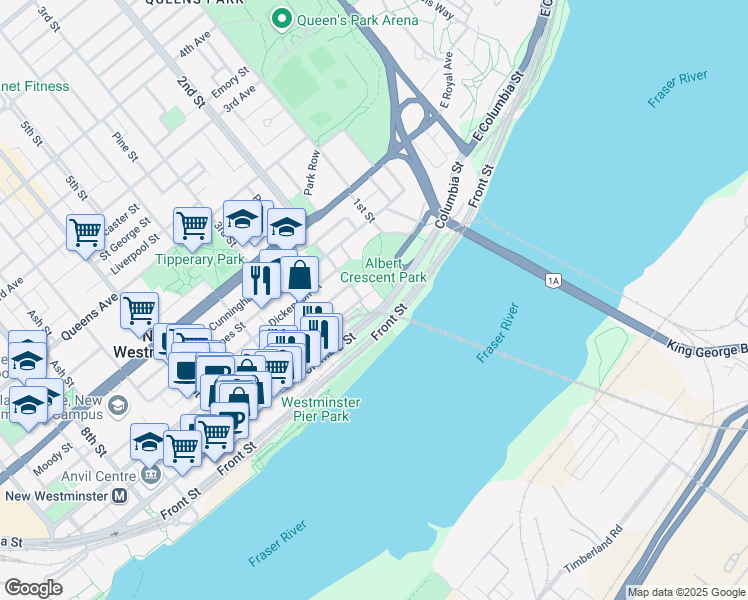 map of restaurants, bars, coffee shops, grocery stores, and more near 125 Columbia Street in New Westminster