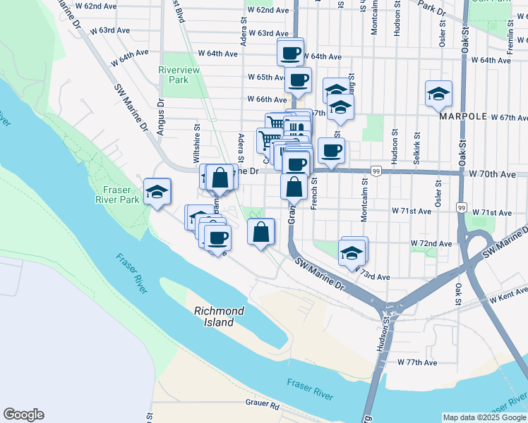 map of restaurants, bars, coffee shops, grocery stores, and more near 5797 Marine Drive in Burnaby