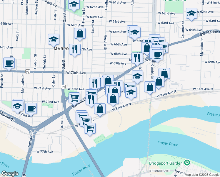 map of restaurants, bars, coffee shops, grocery stores, and more near 780 Southwest Marine Drive in Vancouver