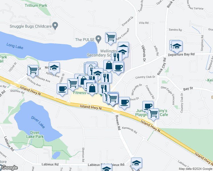 map of restaurants, bars, coffee shops, grocery stores, and more near 3230 Norwell Drive in Nanaimo