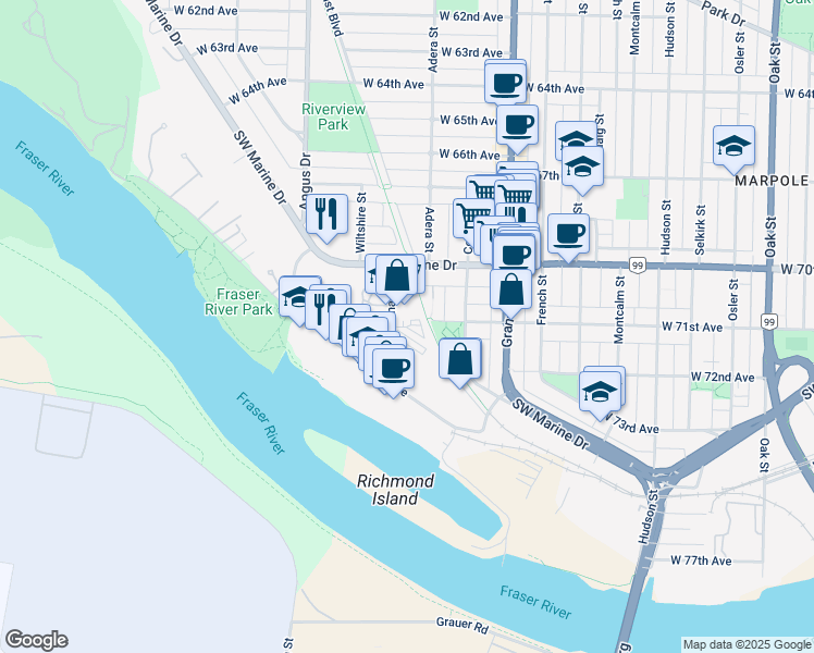 map of restaurants, bars, coffee shops, grocery stores, and more near in Vancouver