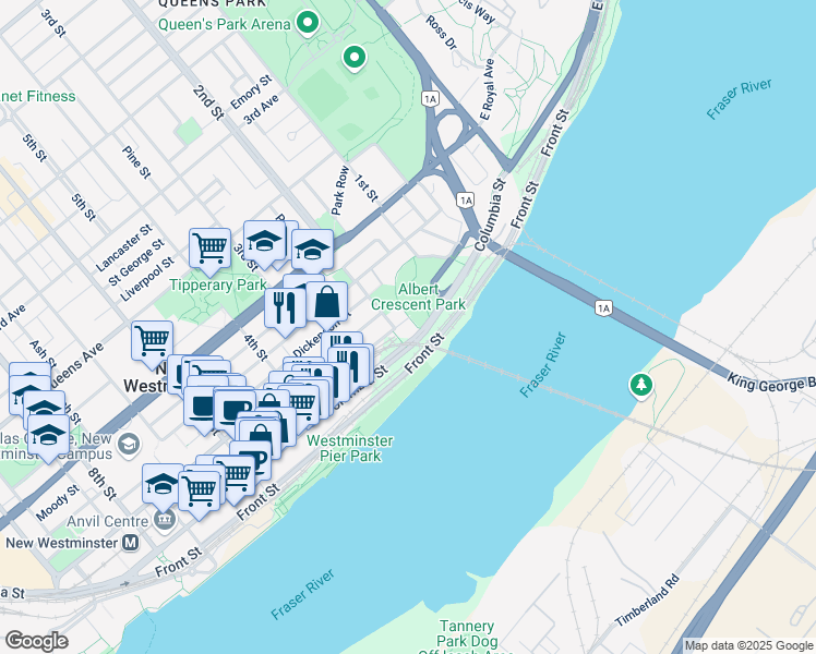 map of restaurants, bars, coffee shops, grocery stores, and more near in New Westminster