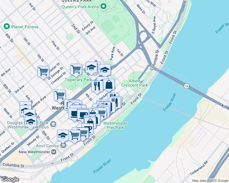 map of restaurants, bars, coffee shops, grocery stores, and more near in New Westminster