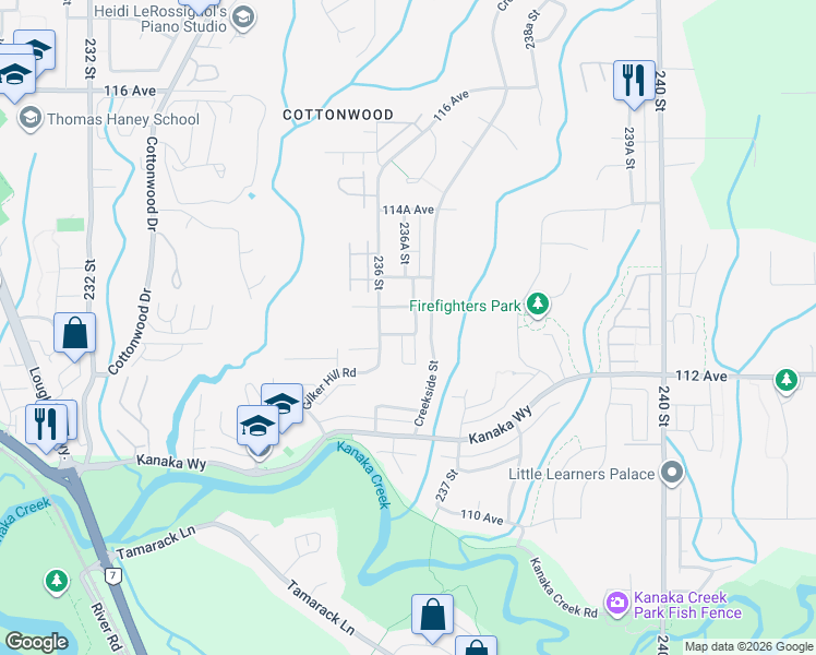 map of restaurants, bars, coffee shops, grocery stores, and more near 11279 Creekside Lane in Maple Ridge