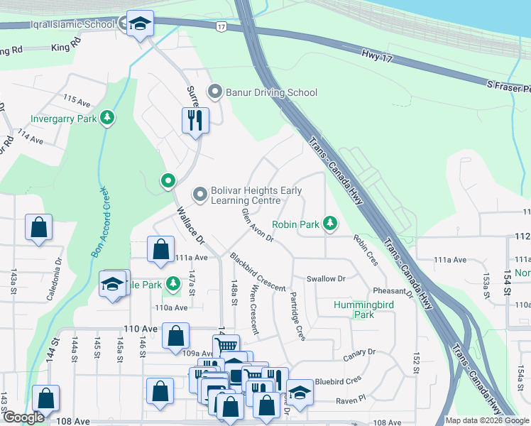 map of restaurants, bars, coffee shops, grocery stores, and more near 11258 Loughren Drive in Surrey