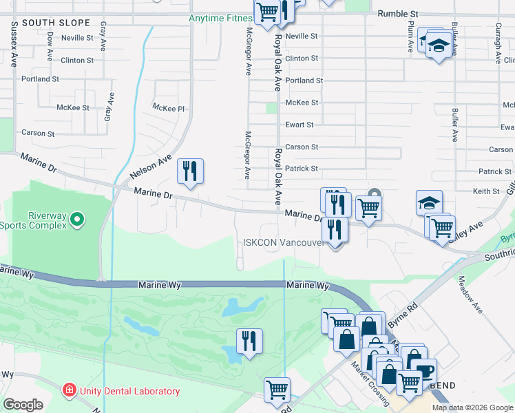 map of restaurants, bars, coffee shops, grocery stores, and more near 5135 Marine Drive in Burnaby