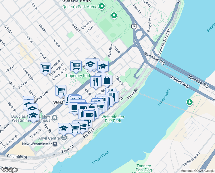 map of restaurants, bars, coffee shops, grocery stores, and more near Merivale Street in New Westminster
