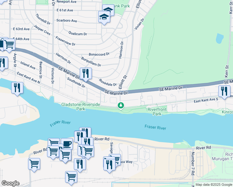 map of restaurants, bars, coffee shops, grocery stores, and more near 2388 Southeast Marine Drive in Vancouver