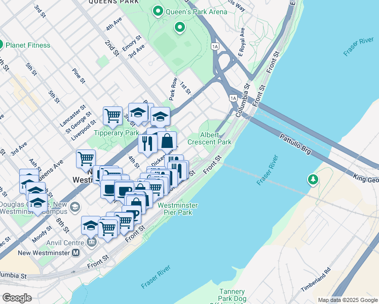 map of restaurants, bars, coffee shops, grocery stores, and more near 206 Carnarvon Street in New Westminster