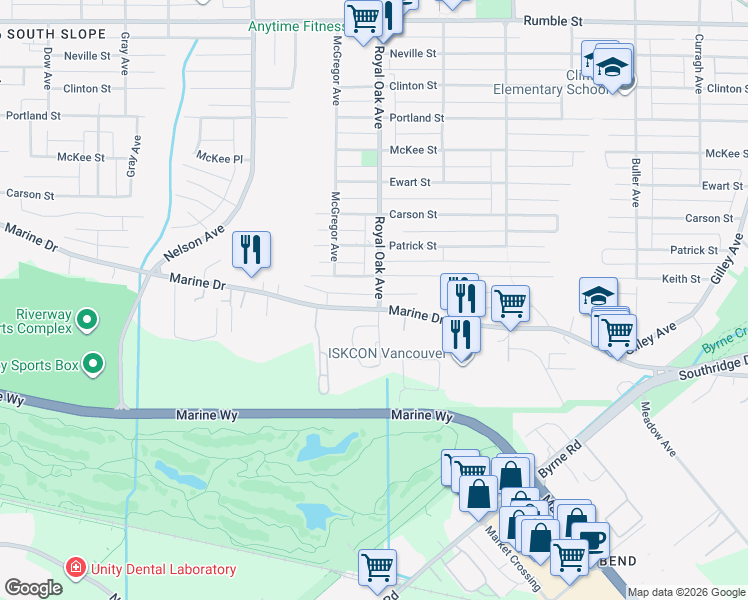 map of restaurants, bars, coffee shops, grocery stores, and more near 5187 Marine Drive in Burnaby