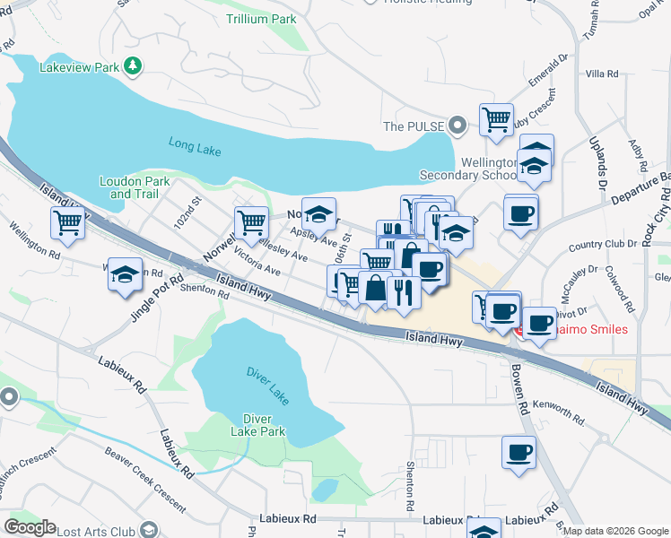 map of restaurants, bars, coffee shops, grocery stores, and more near 106th Street in Nanaimo