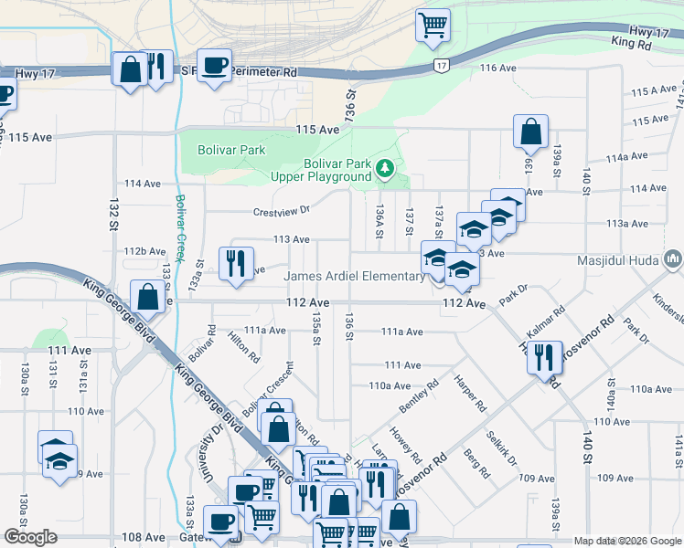 map of restaurants, bars, coffee shops, grocery stores, and more near 11243 136 Street in Surrey