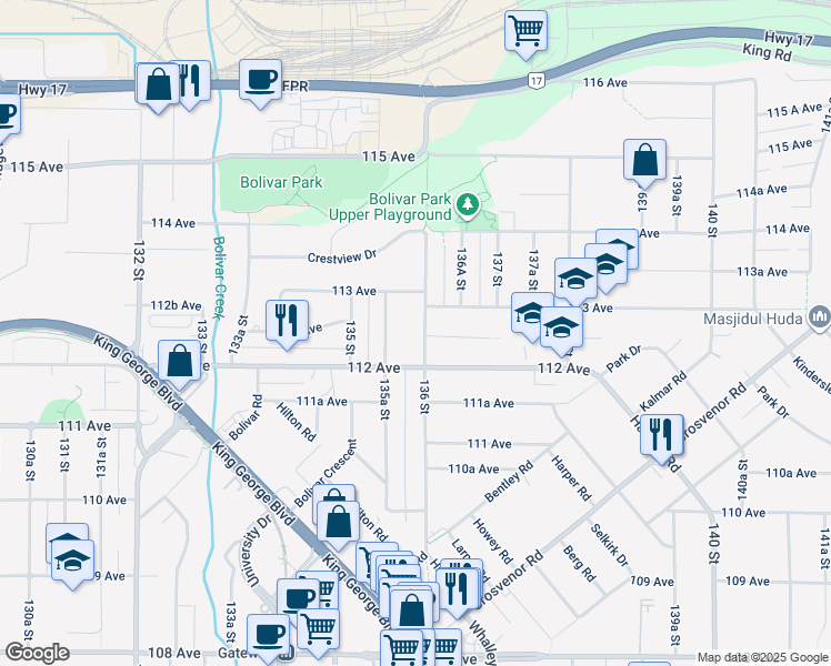 map of restaurants, bars, coffee shops, grocery stores, and more near 11243 136 Street in Surrey