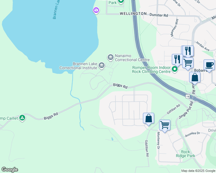 map of restaurants, bars, coffee shops, grocery stores, and more near 3945 Biggs Road in Nanaimo