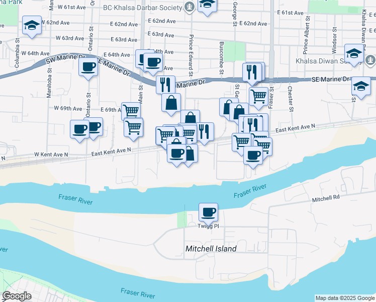 map of restaurants, bars, coffee shops, grocery stores, and more near 408 East Kent Avenue South in Vancouver